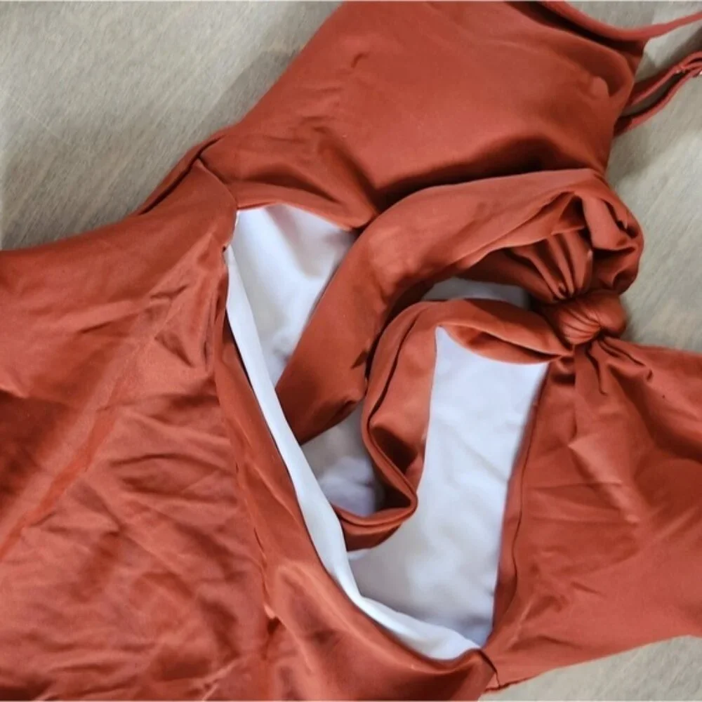 Rust Sm‎ One-Piece Swimsuit Tie Up Exposed Midriff